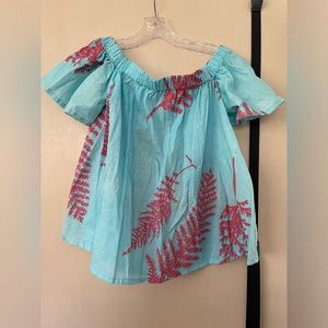 Kealopiko, off the shoulder shirt. Blue and pink.